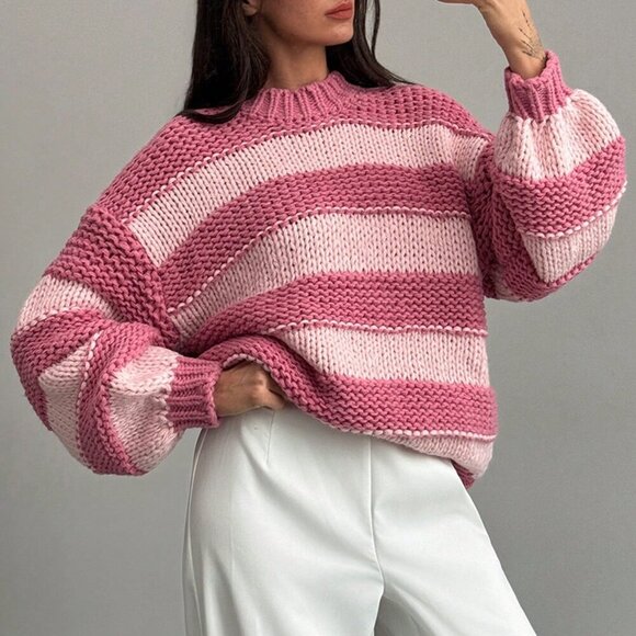 Pink Casual Women's Chunky Knit Contrast Color Lovely Crew Neck Warm Sweater - Picture 1 of 7